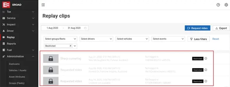 MyEROAD Replay clips filtered to restricted content, showing locked clips with no thumbnails
