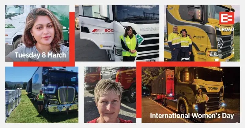 International Women's Day collage for Tuesday 8 March, six people from transport companies with trucks