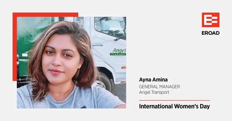 International Women's Day tile for Ayna Amina, General Manager, Angel Transport, in front of a truck