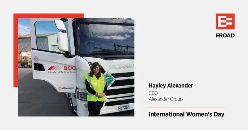 International Women's Day tile for Hayley Alexander, CEO, Alexander Group, by a white Scania truck