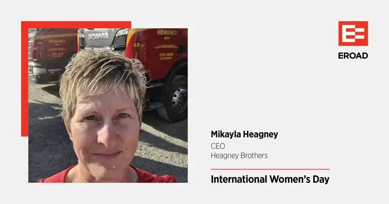 International Women's Day tile for Mikayla Heagney, CEO, Heagney Brothers, in front of red trucks