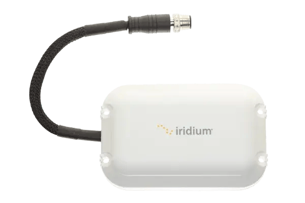 Iridium satellite antenna, a white unit with a braided cable and connector
