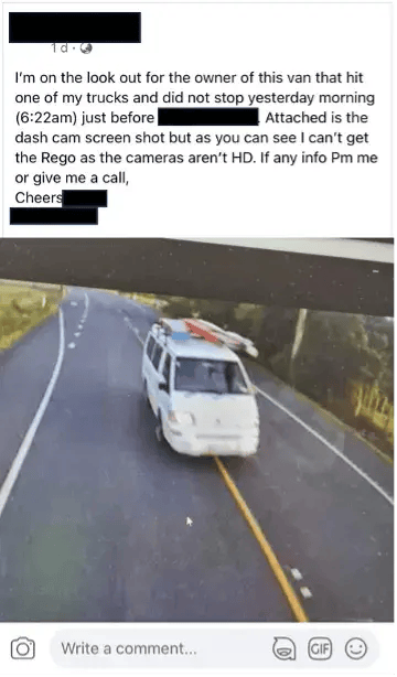 Social media post seeking a van that hit a truck, with a dashcam still too blurry to read the rego