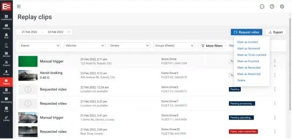 MyEROAD Replay clips list with a menu to mark videos as incident, reviewed, to be coached or coached