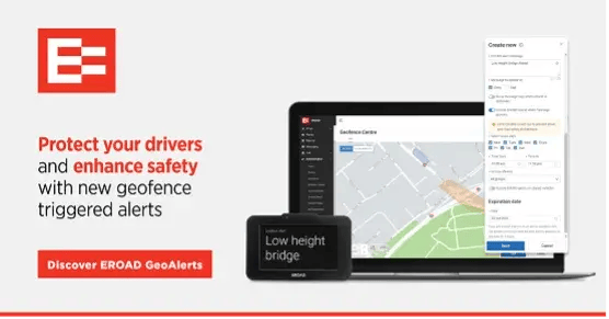 EROAD GeoAlerts banner, protect your drivers with geofence triggered alerts, with an in-cab low height bridge alert