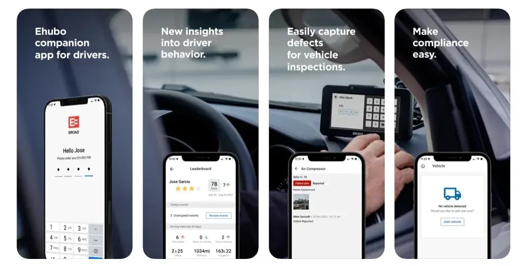 Four EROAD Assist app screens for driver login, driving insights, vehicle defect capture and compliance