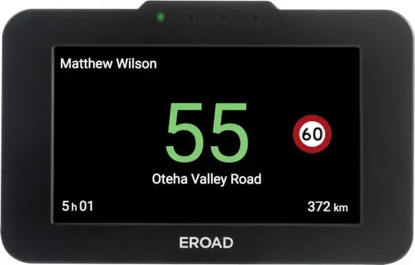 EROAD in-cab device showing a speed of 55 in a 60 km/h zone on Oteha Valley Road