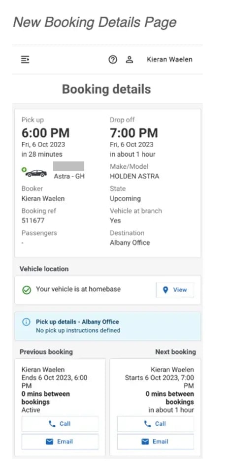 New BookIt booking details page on mobile, showing pick-up and drop-off times, the vehicle and its location