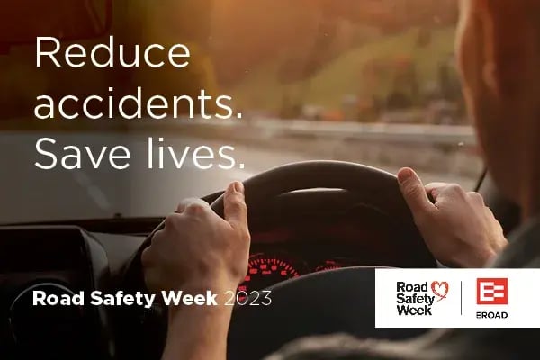 Road Safety Week 2023 graphic, Reduce accidents, save lives, over a driver's hands on a steering wheel