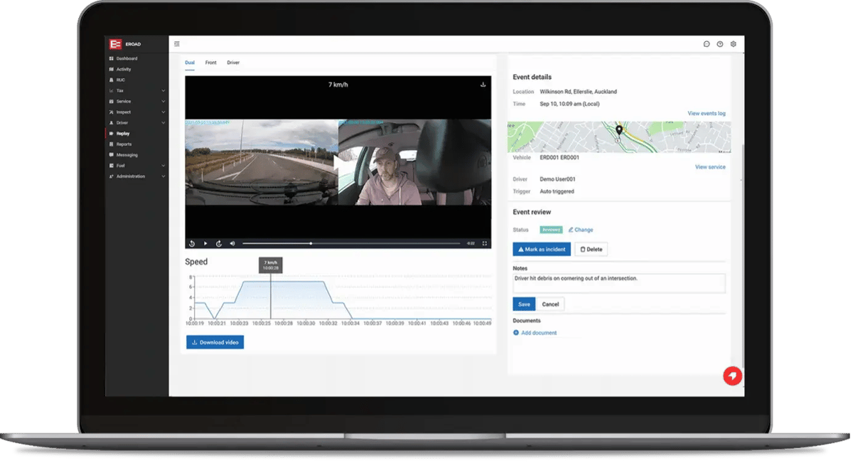 MyEROAD Replay on a laptop showing road and driver camera footage, a speed graph and event details