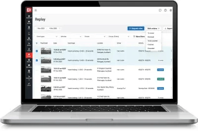 MyEROAD Replay on a laptop with several videos selected and the Bulk actions dropdown open