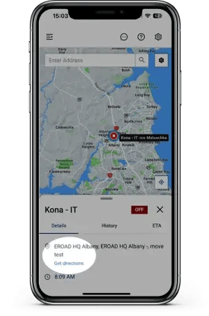 MyEROAD mobile app showing a vehicle's location on a map, with the Get directions link highlighted