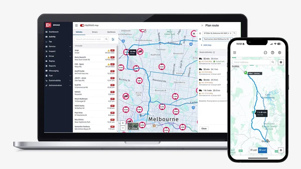 MyEROAD Fleet Map route planner over Melbourne on a laptop, with a planned route on a phone