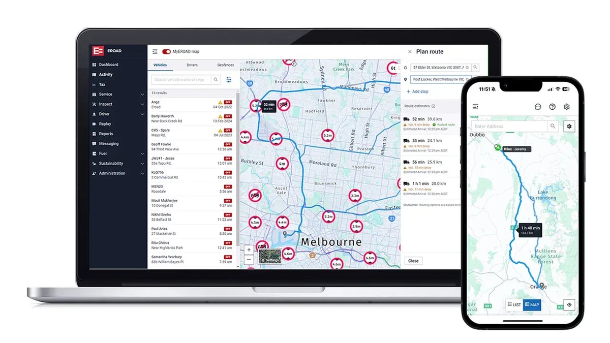 MyEROAD map on a laptop and a phone, planning truck routes with road restriction markers around Melbourne