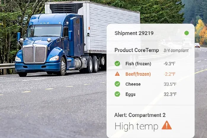 A refrigerated truck on a highway beside a CoreTemp shipment panel showing product temperatures and a high temperature alert
