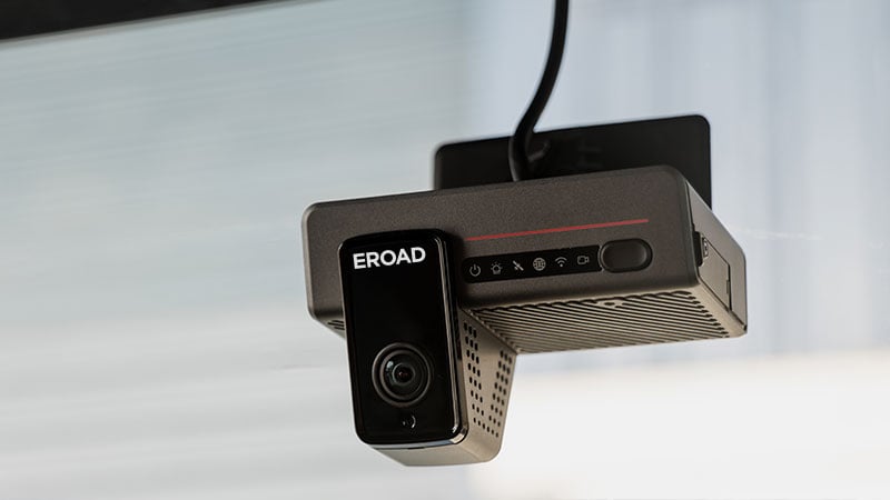 EROAD Clarity Edge dashcam mounted at the top of a vehicle windscreen