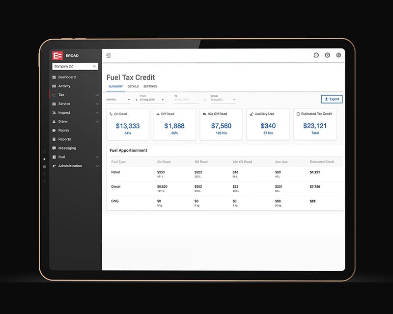 MyEROAD Fuel Tax Credit summary on a tablet