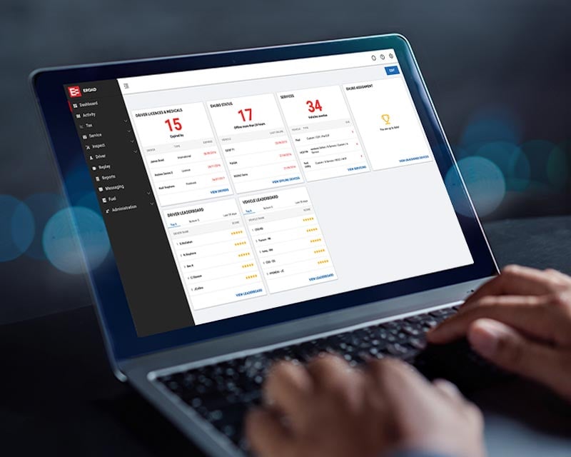 Laptop showing the MyEROAD dashboard with licence, service and leaderboard summaries