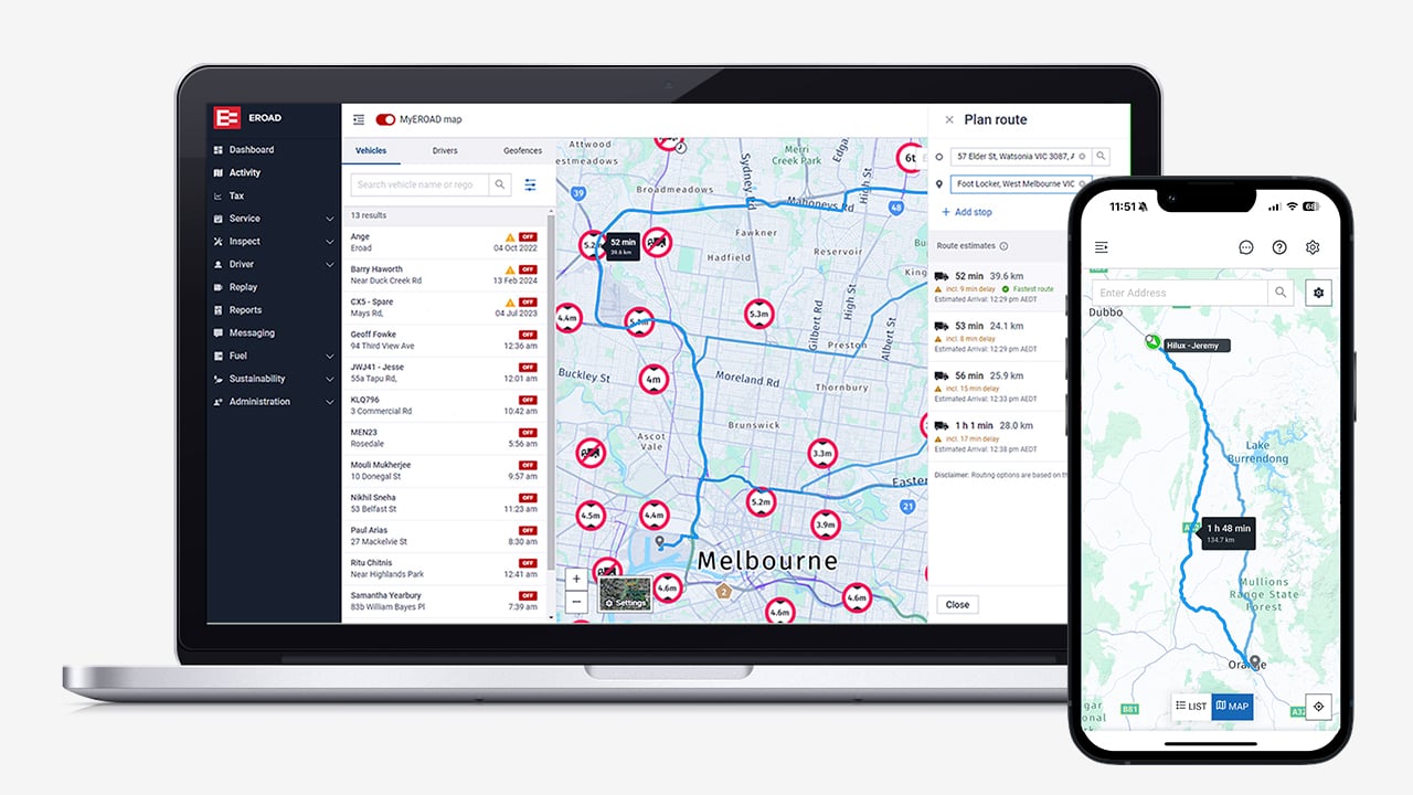 MyEROAD live fleet map on a laptop and phone, showing Melbourne