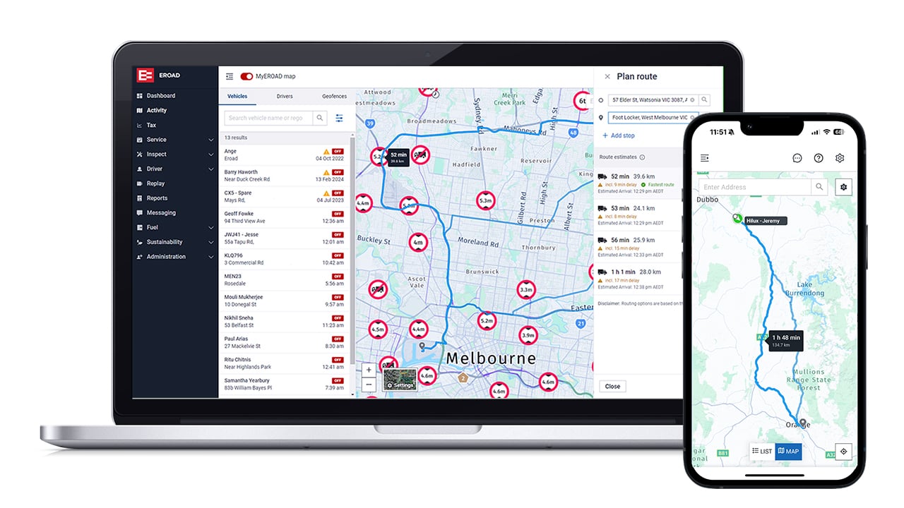 MyEROAD fleet map on a laptop and phone