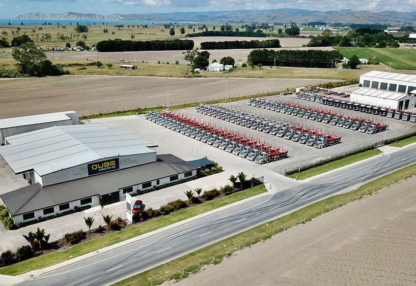 Aerial view of a Qube depot and its trailer fleet