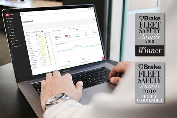 EROAD Leaderboard on a laptop, with Brake Fleet Safety Awards badges