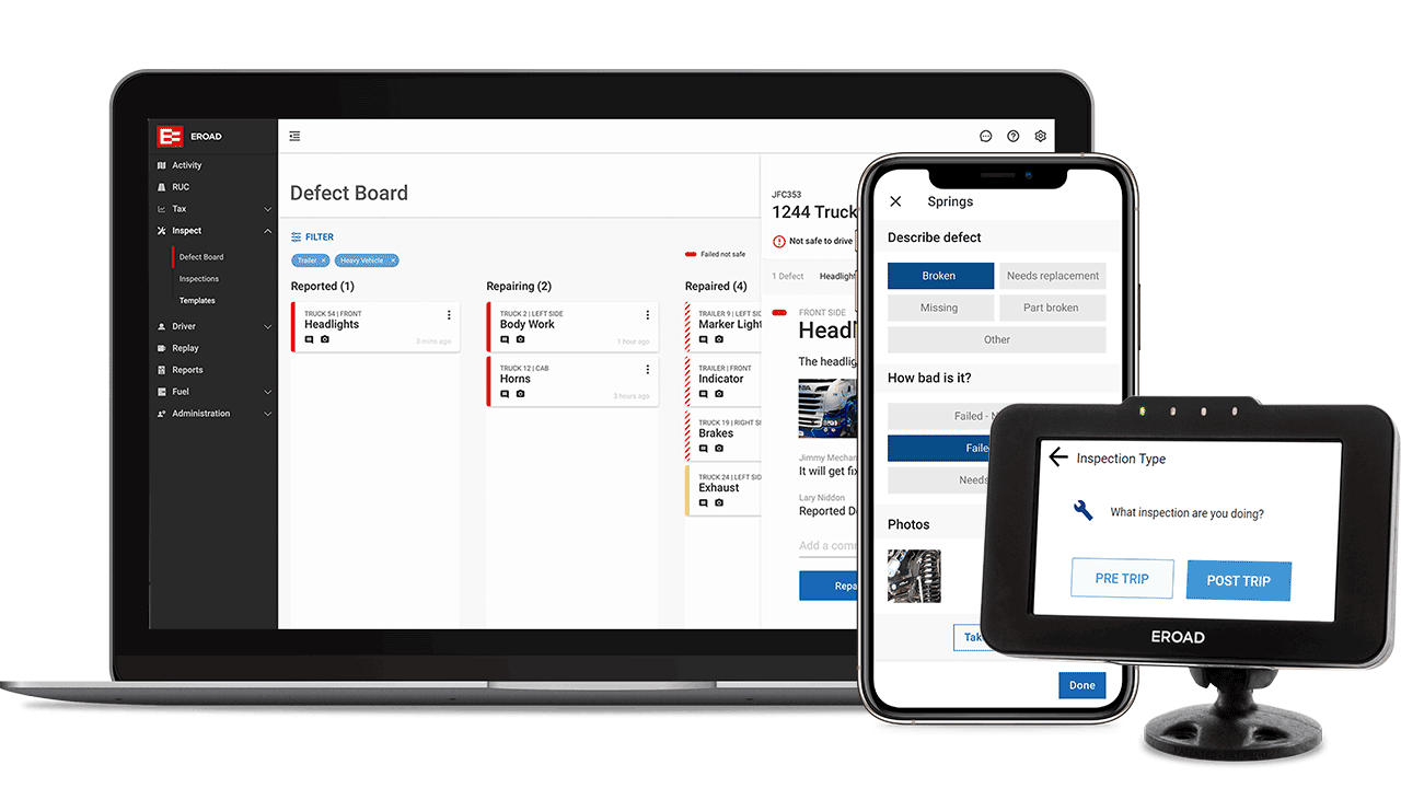 EROAD Inspect shown on Ehubo2, mobile and desktop devices