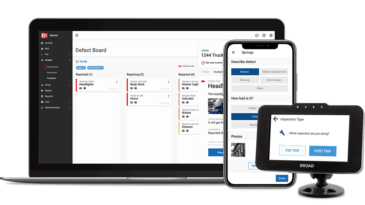 EROAD Inspect on the Ehubo2, a phone and a desktop