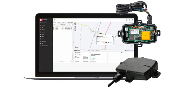 GPS tracker shown open and sealed, in front of a laptop displaying a MyEROAD map