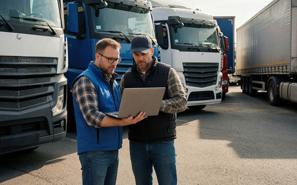 Two people reviewing a laptop together in a truck yard, with parked prime movers behind