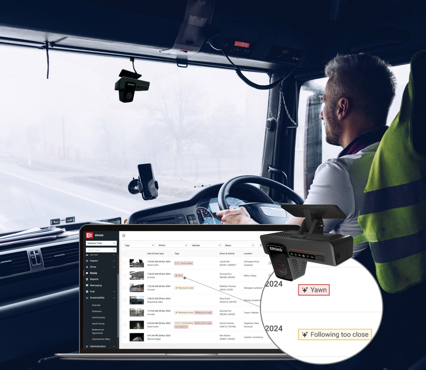 A driver in a truck cab with the Clarity Edge on the windscreen and MyEROAD Replay on a laptop