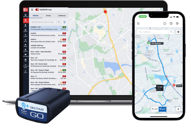The EROAD Locate tracker with MyEROAD on a laptop and phone