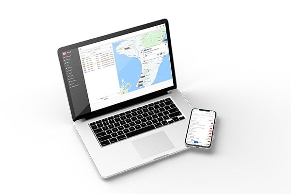 MyEROAD on a laptop showing a fleet map and vehicle list, beside a phone running the app