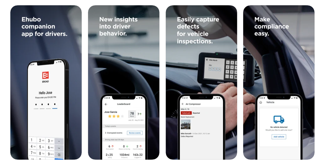 Four EROAD Assist app screens on phones: PIN sign-in, driver leaderboard, defect report and vehicle check