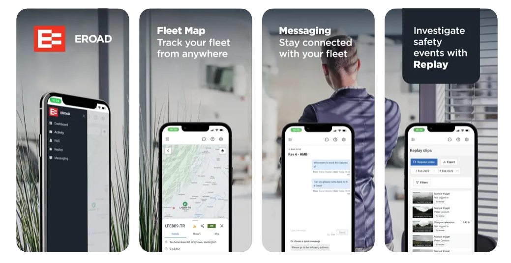 MyEROAD app on four phones showing the menu, Fleet Map, Messaging and Replay screens
