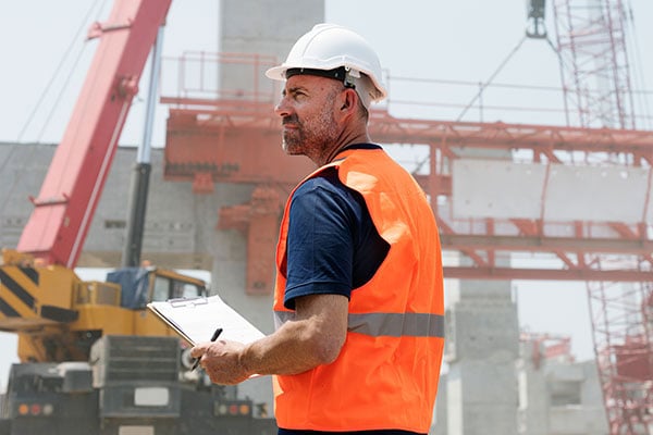 Site supervisor with a clipboard in front of a crane