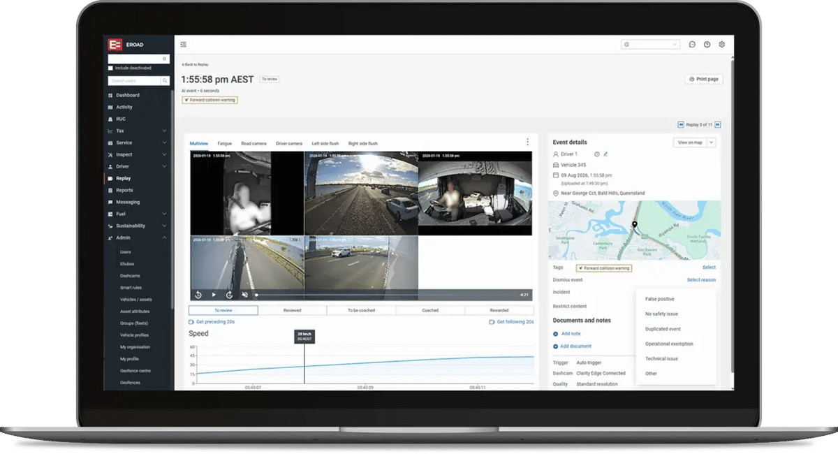 MyEROAD Replay on a laptop playing five camera views of a forward collision warning, with a speed graph