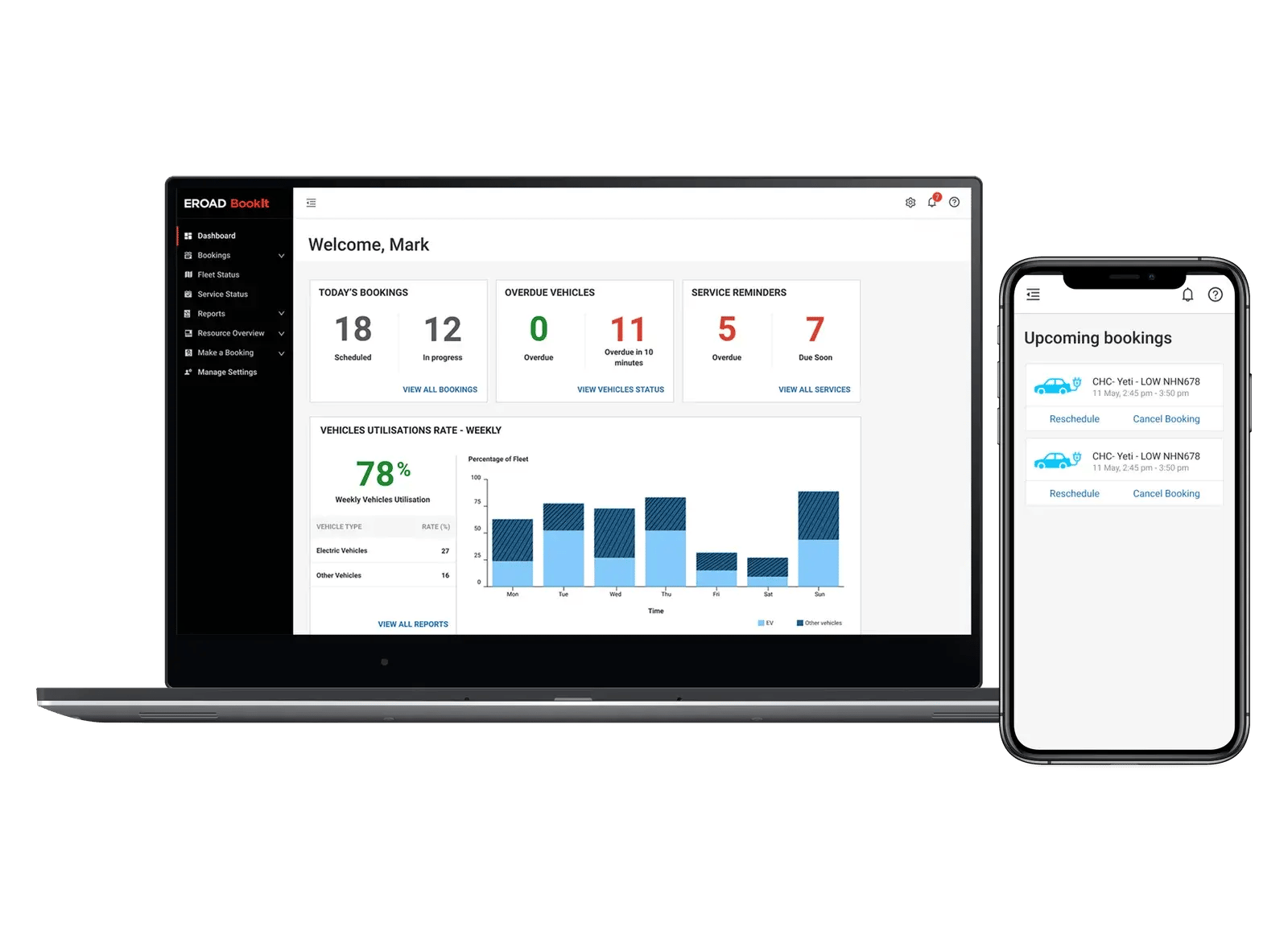 EROAD BookIt shown on a laptop with the booking dashboard and on a phone with upcoming bookings