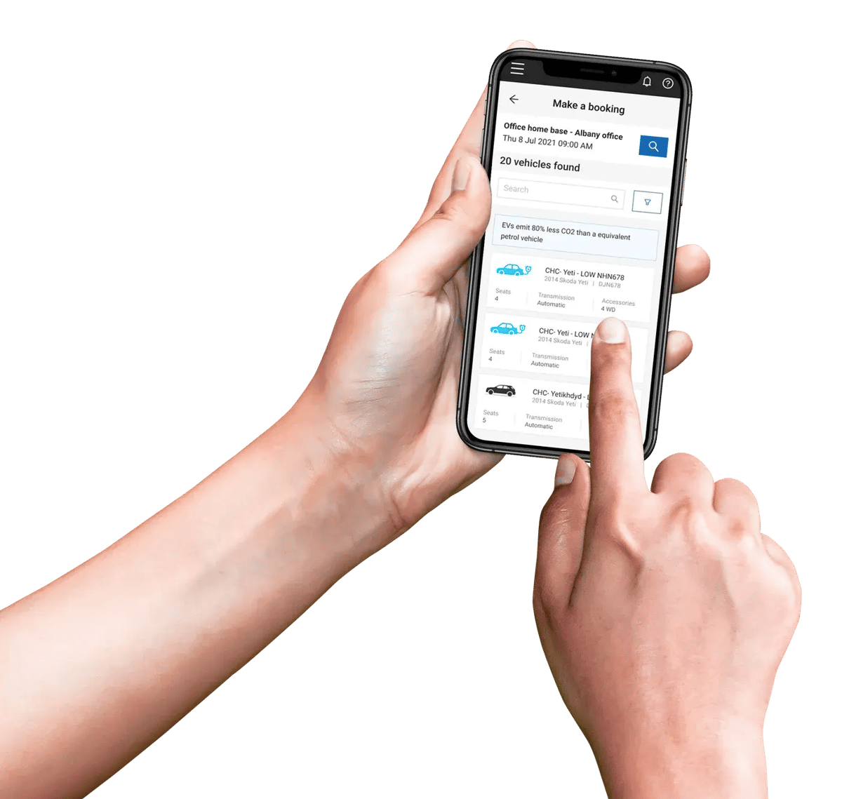 Two hands holding a phone showing the EROAD BookIt Make a booking screen with available vehicles