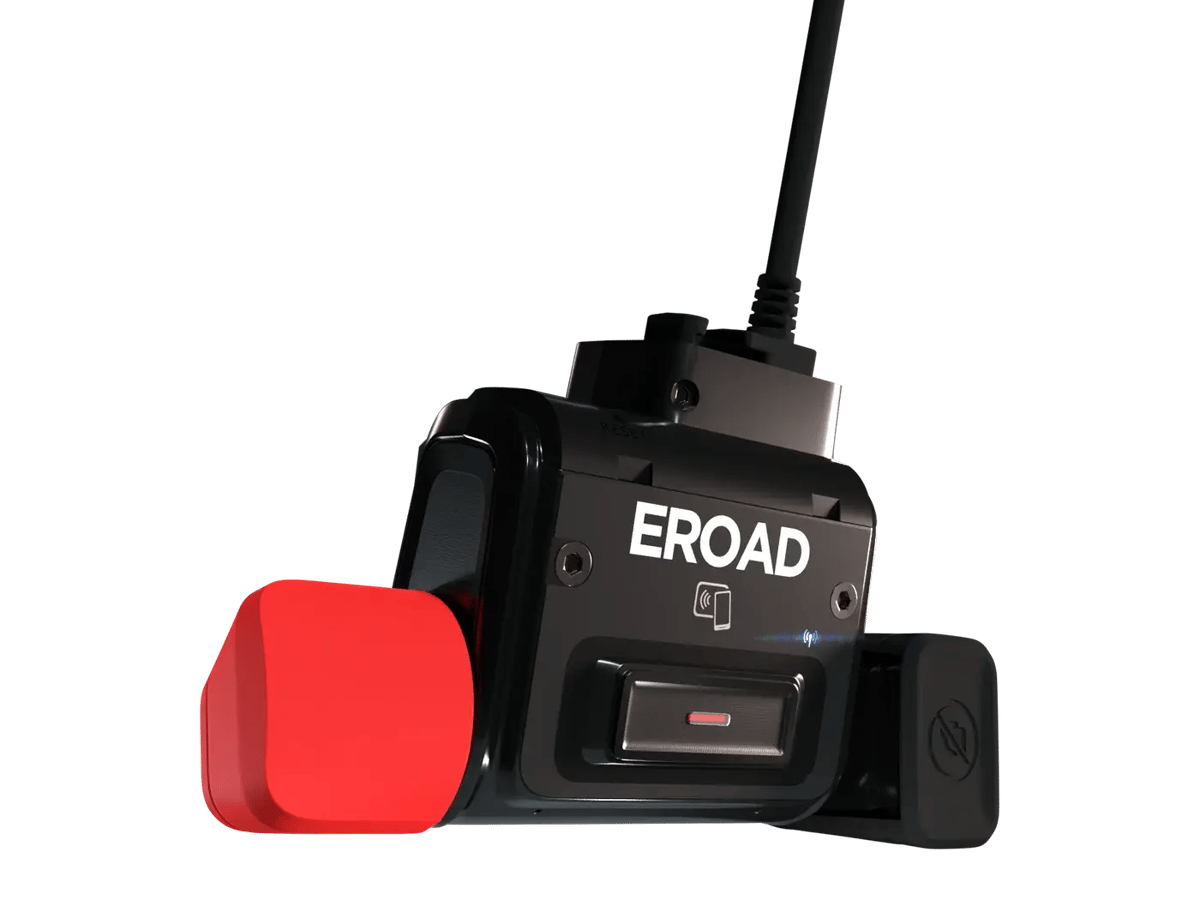 The EROAD Clarity Locate unit with its red privacy lens caps fitted