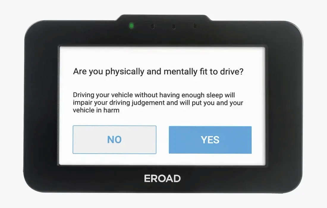 Ehubo2 add-on screens in turn: a fit to drive question before the trip, a fasten seat belt alert, a service alert and a low bridge location alert