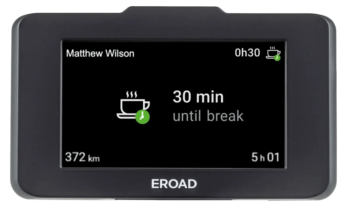 Ehubo2 screen showing Drive Buddy Fatigue counting down 30 minutes until the next break
