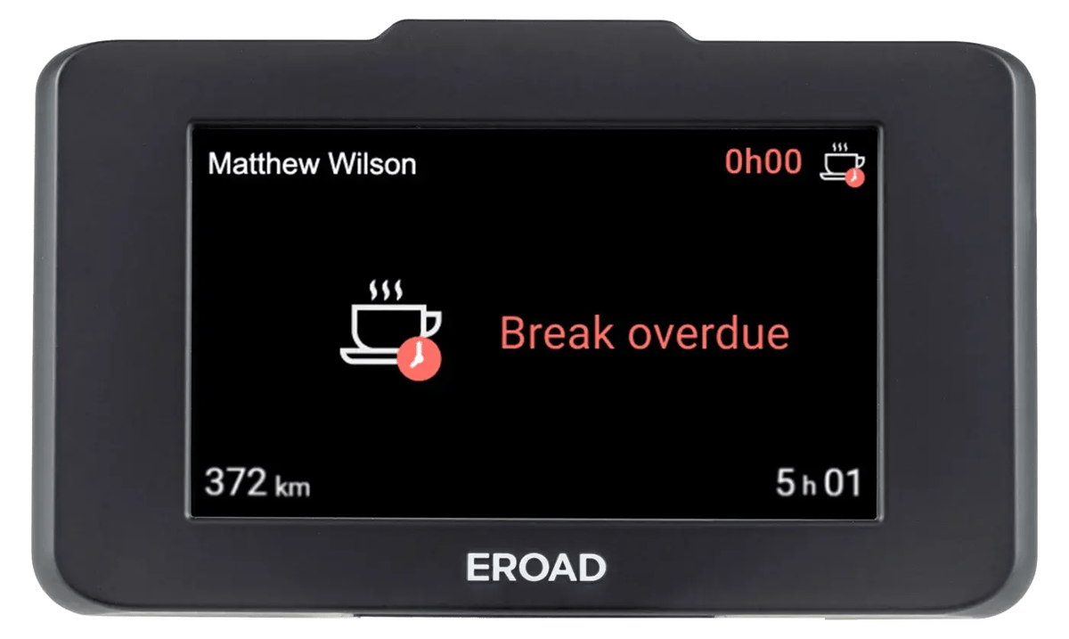 Ehubo2 screen showing a Drive Buddy Fatigue Break overdue alert with shift time and distance
