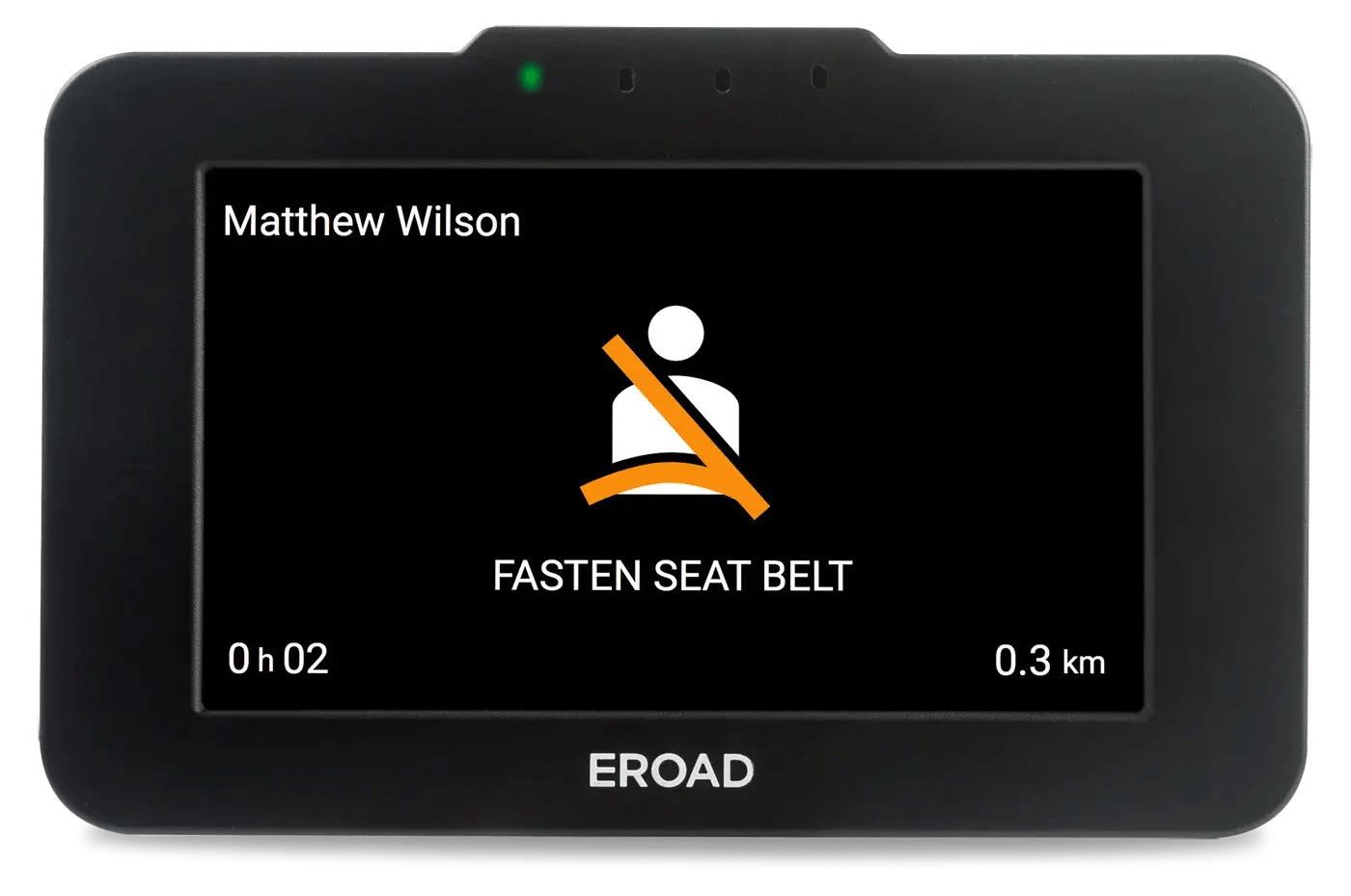 Ehubo2 screen showing a Fasten seat belt alert with a seatbelt warning icon