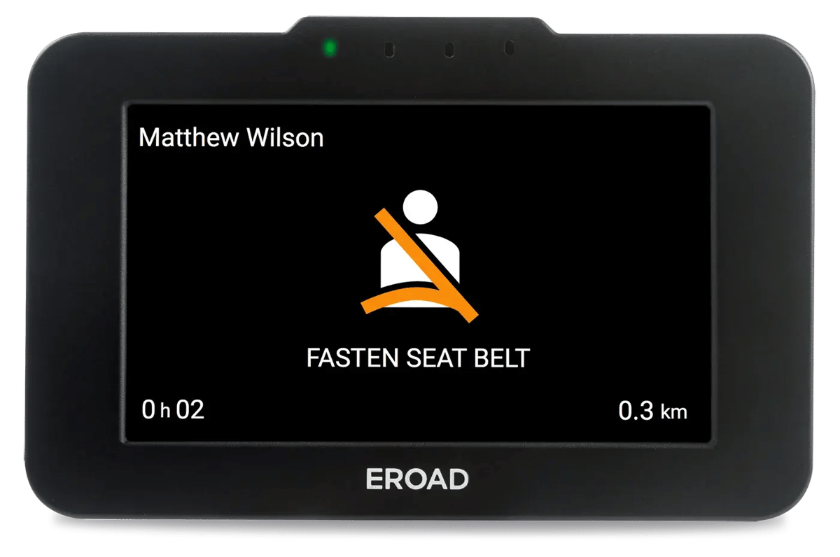 Ehubo2 screen showing a Fasten seat belt alert with a seatbelt warning icon