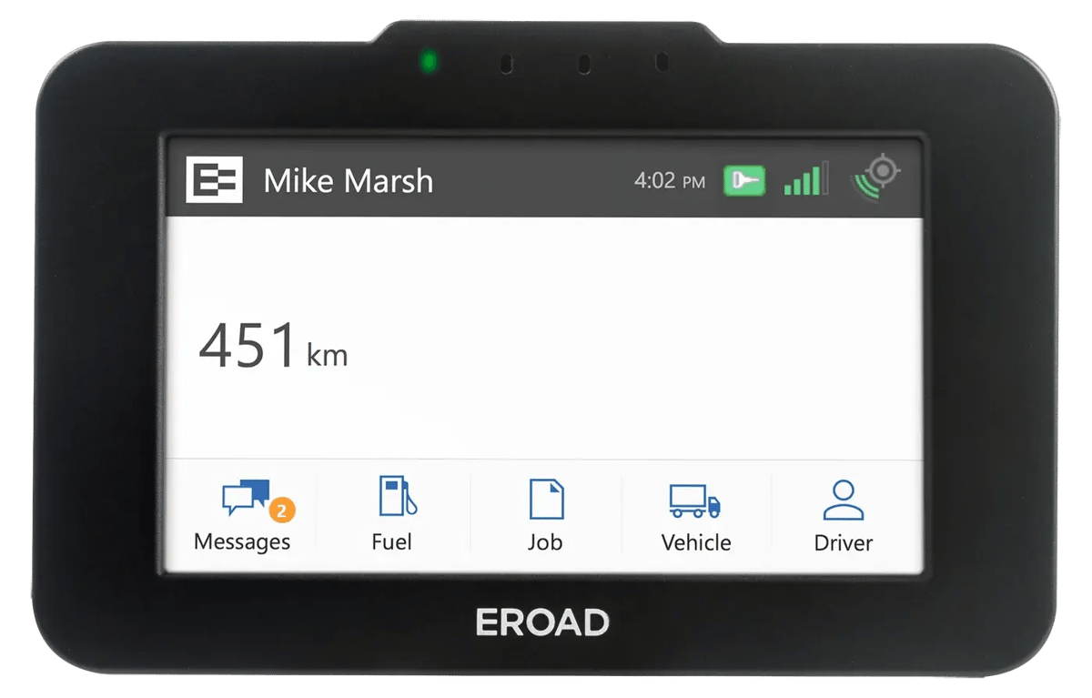 Ehubo2 home screen with a new message notification on the Messages button and the odometer in km