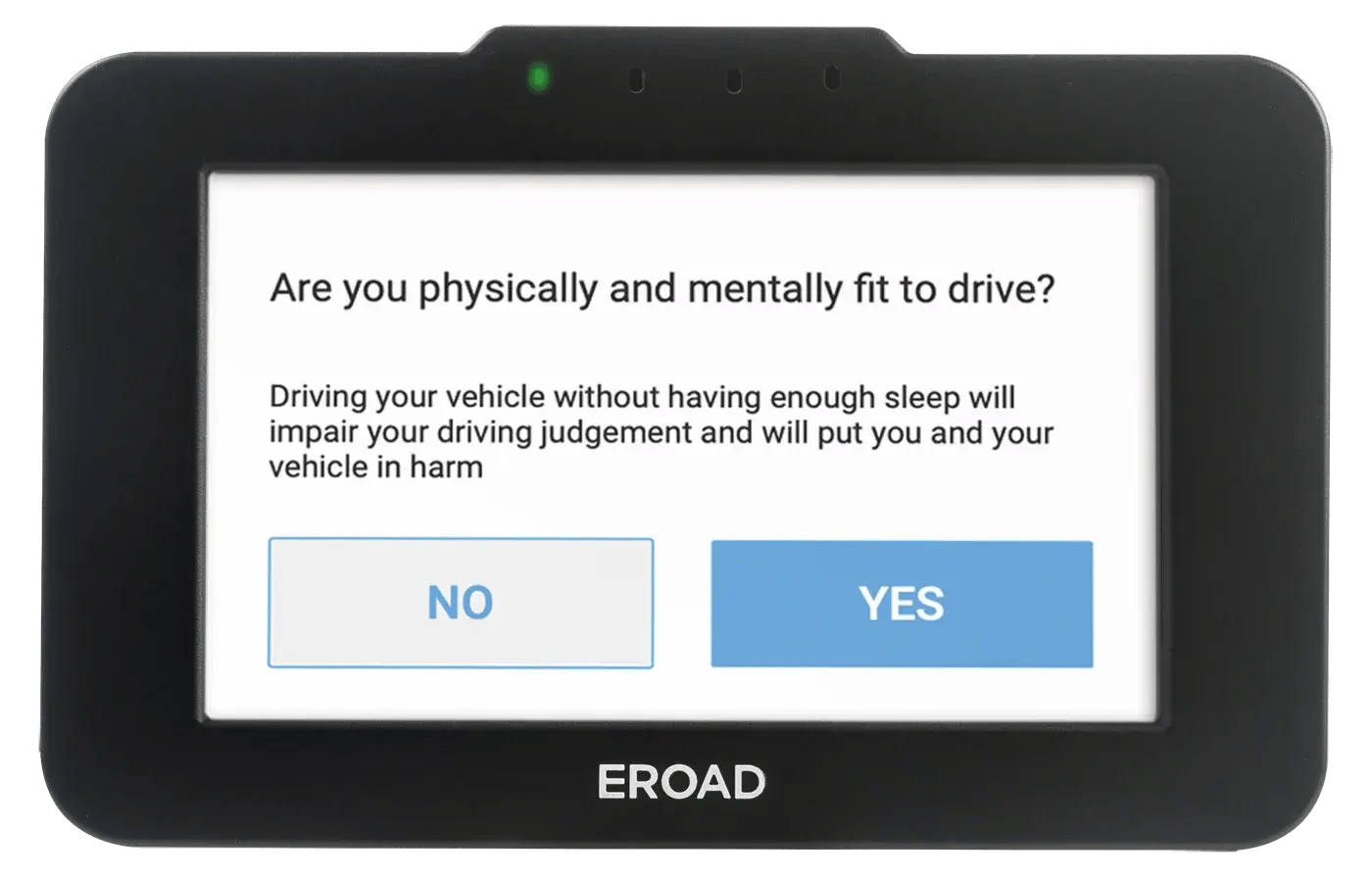 Ehubo2 screen asking the driver, Are you physically and mentally fit to drive?, with No and Yes buttons
