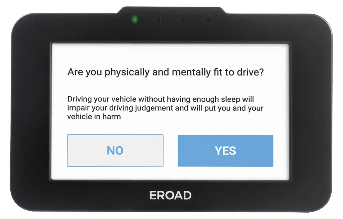 Ehubo2 screen asking the driver, Are you physically and mentally fit to drive?, with No and Yes buttons