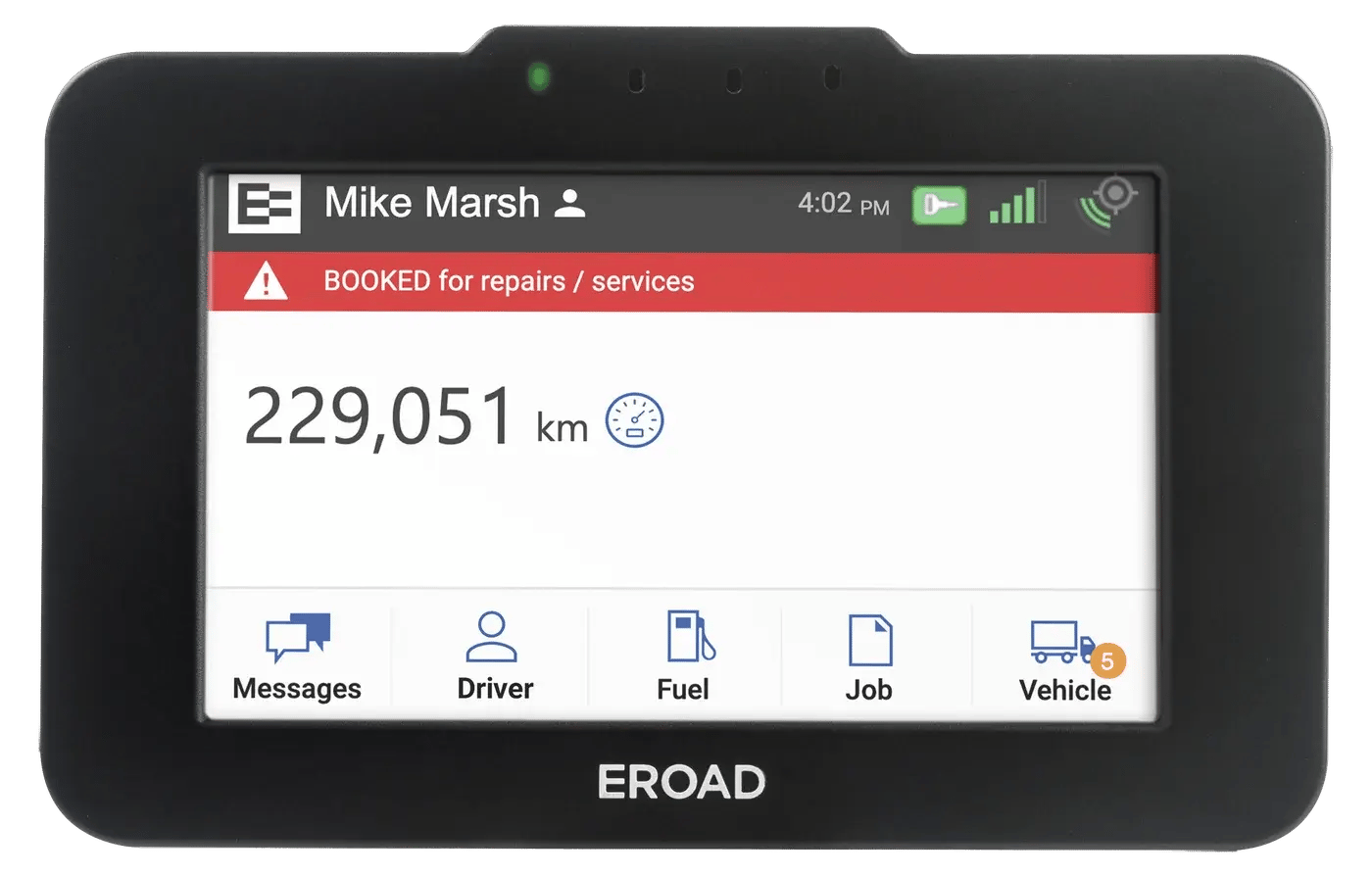 Ehubo2 home screen with a red alert bar reading Booked for repairs or services, above an odometer reading in kilometres