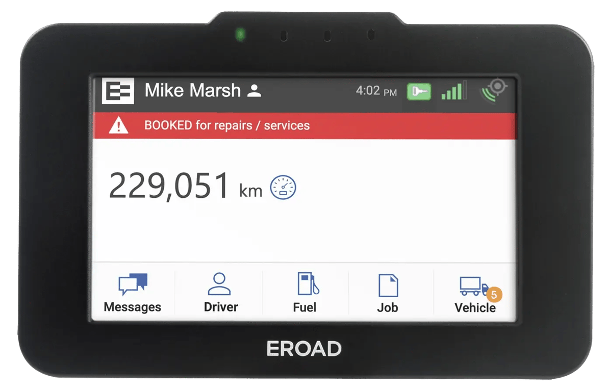 Ehubo2 home screen with a red alert bar reading Booked for repairs or services, above an odometer reading in kilometres